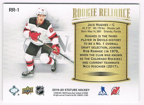 2019-20 Upper Deck Stature Rookie Reliance Jack Hughes Devils