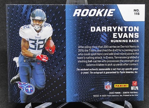2020 Panini Zenith RPA RC Darrynton Evans Titans 05/10 #115