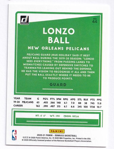 2020-21 Panini Donruss Lonzo Ball Pelicans 260/349 #44
