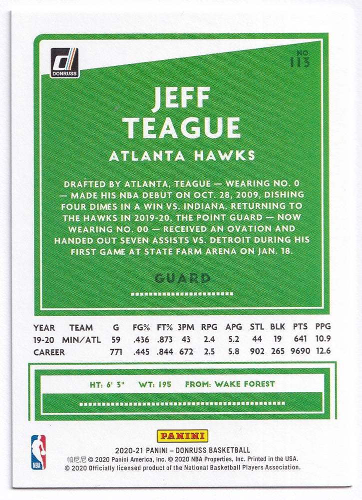 2020-21 Panini Donruss Press Proof Jeff Teague Hawks 285/349 #113