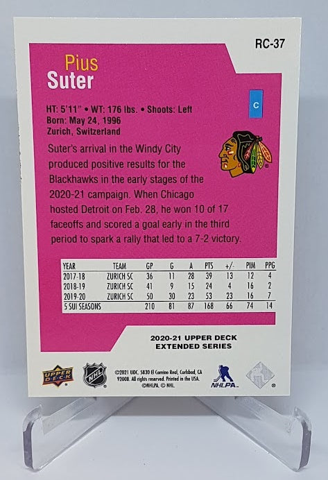 2020-21 Upper Deck Extended Series Rookie Class Pius Suter Blackhawks RC-37