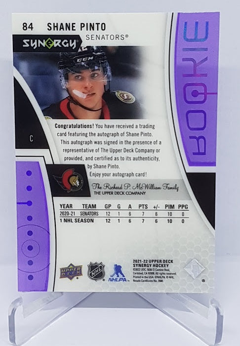 2021-22 Upper Deck Synergy AU Purple Rookie RC Shane Pinto Senators 53/99 #84