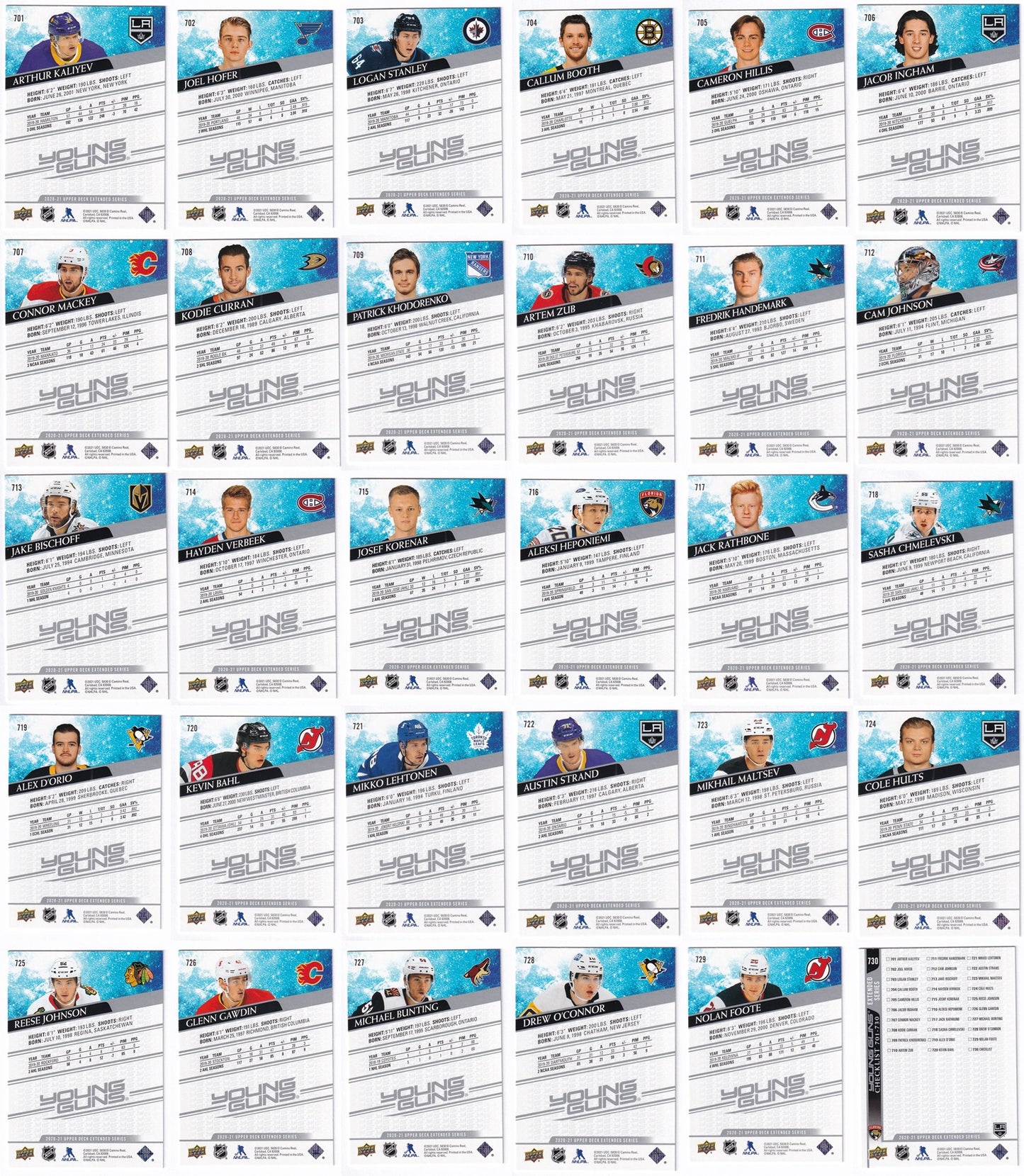 30 Card Lot 2020-21 Upper Deck Extended Series Young Guns 701-730 Complete