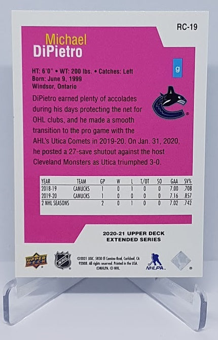 2020-21 Upper Deck Extended Series Rookie Class Michael DiPietro Canucks RC19