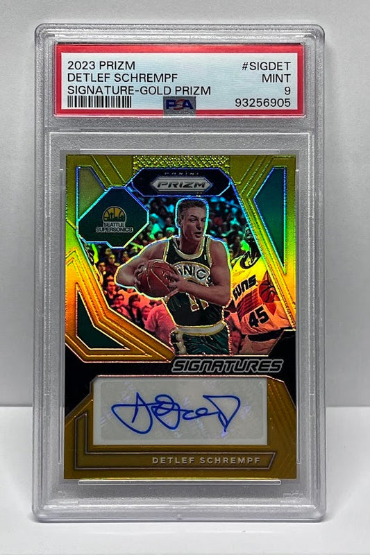 2023 Panini Prizm Signatures Gold Detlef Schrempf SuperSonics 03/10 PSA 9