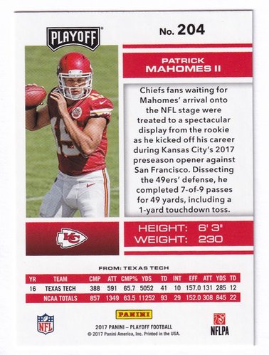 2017 Panini Playoff Football RC Patrick Mahomes II Chiefs #204