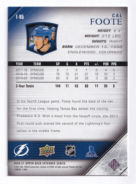 2020-21 Upper Deck Extended Series Young Guns Tribute Cal Foote Lightning T85