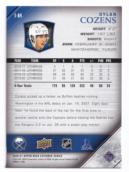 2020-21 Upper Deck Extended Series Young Guns Tribute Dylan Cozens Sabres T84