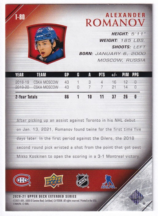 2020-21 Upper Deck Extended Series Young Guns Tribute Alexander Romanov Canadiens