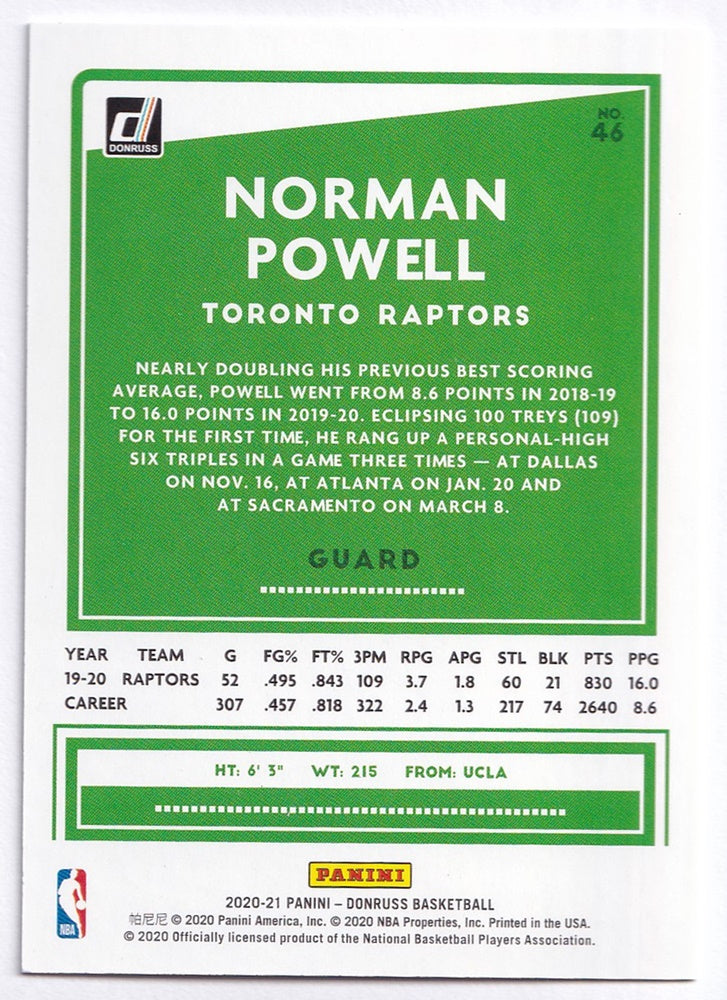 2020-21 Panini Donruss Press Proof Norman Powell Raptors 099/349