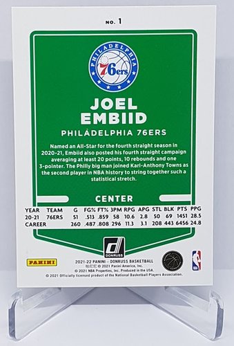 2021-22 Panini Donruss Purple Laser Joel Embiid 76ers 73/99 #1