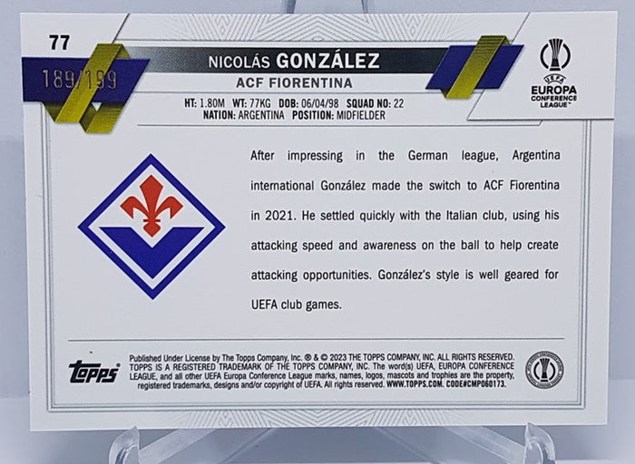 2023 Topps Chrome Aqua Nicolas Gonzalez Fiorentina 189/199 #77